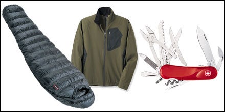 Marmot Hydrogen +30 sleeping bag, REI Mistral Jacket, and Wenger Evo S52 Swiss Army Knife