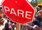 A stop sign implicates the Belo Monte dam