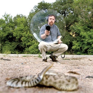 Jeff Rice records the chilling rasp of a rattlesnake for the Western Soundscape Archive