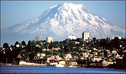 Mount Rainier rises over Tacoma, Washington