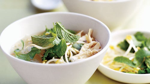 Asian chicken soup with soya sprouts and Thai basil