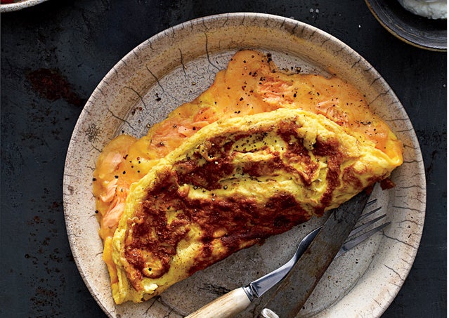 Cheddar cheese omelet with smoked salmon.