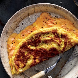 Cheddar cheese omelet with smoked salmon.