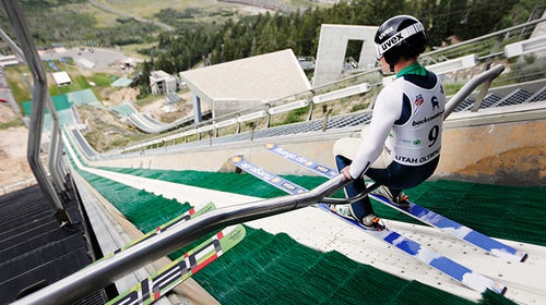 Van prepares to jump from the K120 hill during the U.S. National Championships at the Utah Olympic Park in Park City, Utah, July 30, 2011. She finished third.
