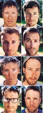 The Crew: Team Desk Jockey: from left, Casey Vandenoever, Chris Keyes, Eric Hansen, Eric Hagerman, Kevin Fedarko, Marc Peruzzi, Tim Neville, and Nick Heil, all looking a little shell-shocked on day nine after more than 42,000 vertical feet of climbing and skiing