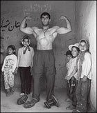 Iran with a human face: wrestler Parviz Kiai flexes for his fan club.