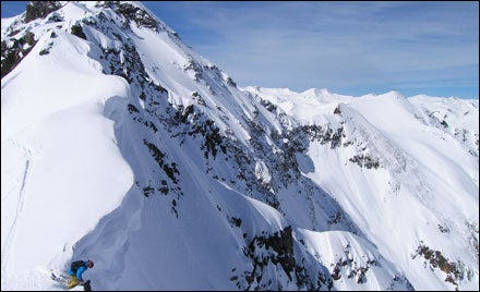 A skier on Pequeno #2 at Silverton Mountain, Colorado