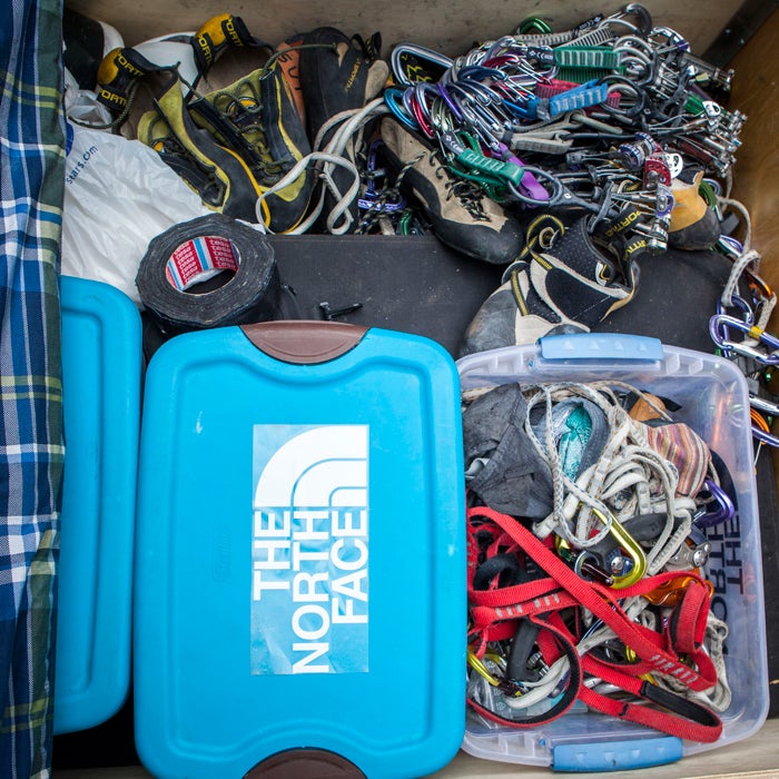 “A close-up of that aforementioned gear drawer. It's mostly full of cams, draws, and shoes, though it also has what feels like an infinite supply of chalk (the folks at Black Diamond gave me a garbage bag full), bolts, pitons, a drill, other random aid-climbing gear. Good thing it's a big drawer…”