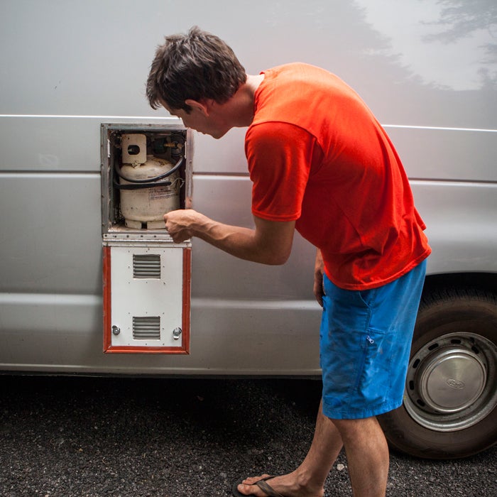 “External propane tank. My buddy John Robinson, who built out the whole interior of the van, told me that if he was going to do the work, he would only do it all legit and up to code. So he cut a hole in the wall and put the propane tank outside the living space. And installed a carbon monoxide detector. I wouldn't have bothered, but I appreciate his craftsmanship.”