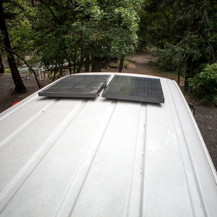 “Two 60w solar panels from Goal Zero. They feed into the battery inside, which in turn powers the fridge, lights, and occasionally my laptop.”