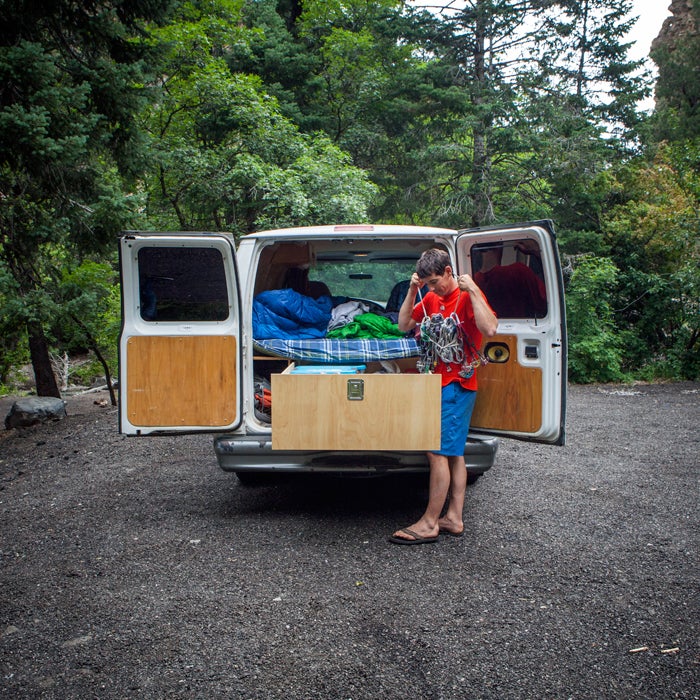 “The drawer in the back has the right gear for any adventure. And it's even custom-sized to fit a crash pad. Many a big day has begun with me in the back of the van pawing through gear.”