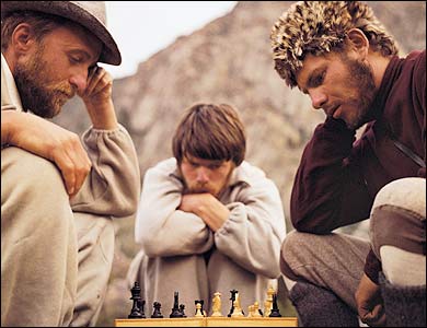 THE GAMES BEGIN: Messner watching Von Kienlin left and Hermann Kühn, June 1970