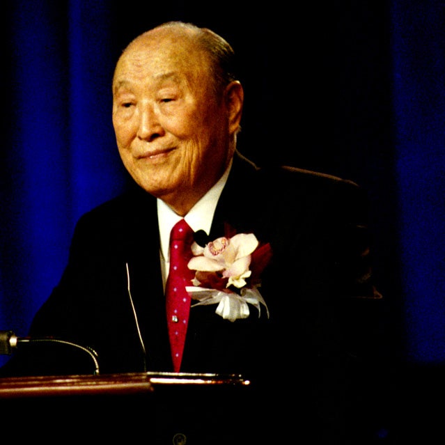 Moon giving a public speech in Las Vegas.