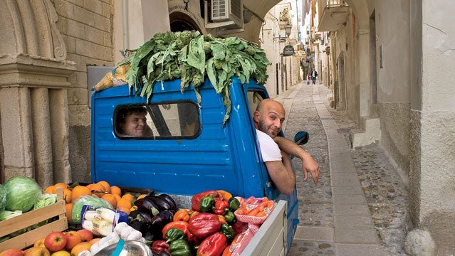 Apulia Europe Gargano Italy Puglia South Vieste fruit lane old seller town truck vegetables vendor EPIC CYCLING PASTA MAKING ADRIATIC BEACHES