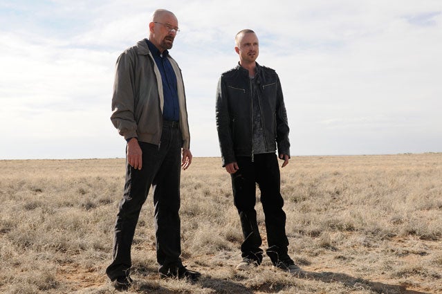 Bryan Cranston as Walter White, left, and Aaron Paul as Jesse Pinkman in a scene from the season 5 premiere of 