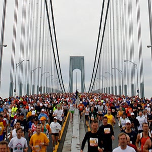 Runners cross the Verrazano Narrows Bridge at the start of the ING New York City Marathon.