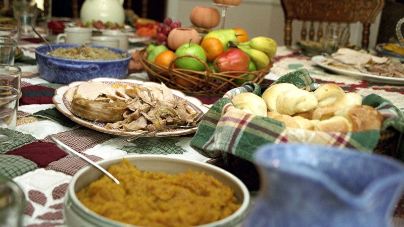 Photo showing some of the aspects of a traditional US Thanksgiving day dinner.