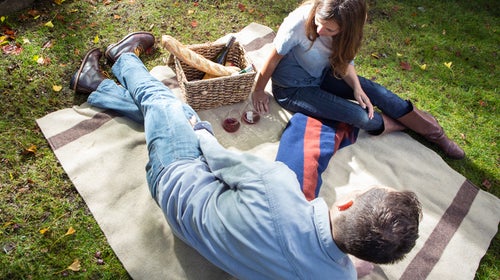 Woolrich Civil War blankets are available in tan, gray, red, and navy.
