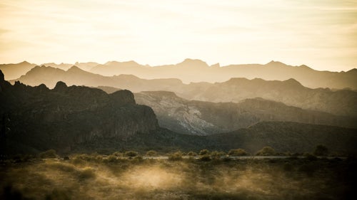 Dust and dusk settle upon Apache Trail road. Just east of Phoenix, this road acts as an access point to many jumps in and near the Superstition Mountain Range of Arizona.
