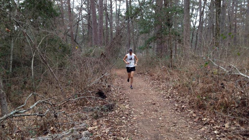 Matt Laye throwing down 8-minute miles at the Rocky Raccoon 100 in Huntsville, Texas.