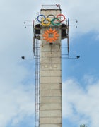 A tower in Sarajevo displays the logo of the XIV Olympic Winter Games.