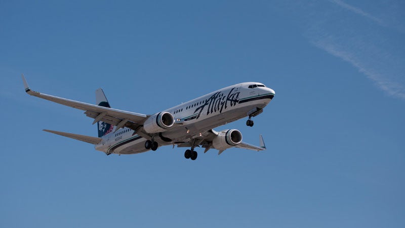 An Alaska Airlines plane in flight.