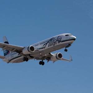An Alaska Airlines plane in flight.