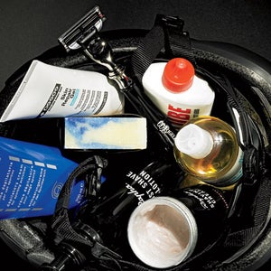 Smooth things over with these favorites. Clockwise from bottom left: Hibros Depil Sport Cream, Donkey Label Soap, Assos Skin Repair Gel, C.O. Bigelow Premium Razor for Mach 3, Leg Lube, Mad Alchemy PreRide Oil, Rapha Shaving Cream and Post Shave Lotion.