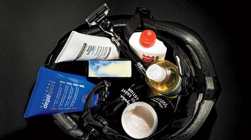 Smooth things over with these favorites. Clockwise from bottom left: Hibros Depil Sport Cream, Donkey Label Soap, Assos Skin Repair Gel, C.O. Bigelow Premium Razor for Mach 3, Leg Lube, Mad Alchemy PreRide Oil, Rapha Shaving Cream and Post Shave Lotion.