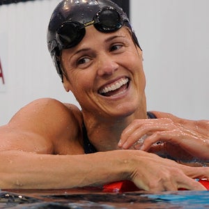 Dara Torres reacts after winning the silver medal in the women's 50-meter freestyle final at the National Aquatics Center at the Beijing 2008 Olympics in Beijing.