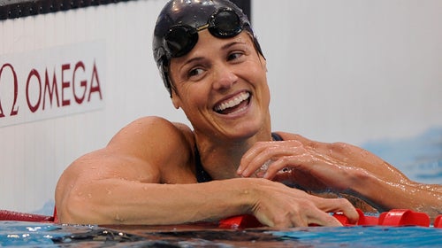 Dara Torres reacts after winning the silver medal in the women's 50-meter freestyle final at the National Aquatics Center at the Beijing 2008 Olympics in Beijing.
