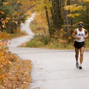 Dean Karnazes running marathon number 32 on day 32 of the Endurance 50 event in Bristol, New Hampshire.
