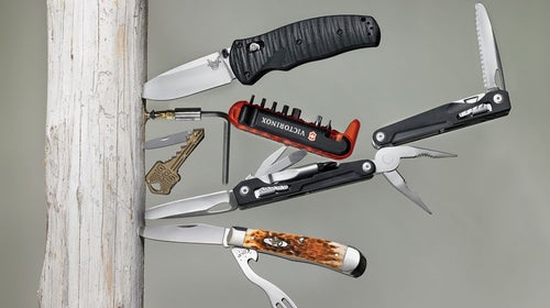 Look sharp. Clockwise from top: Benchmade Volli, Gerber MP1, W.R. Case and Sons Amber Bone SS Hobo, SOG Key-Knife and Victorinox Swiss Army Bike Tool.