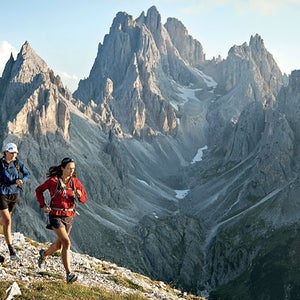 20-30 years 30-40 years Dolomiten Dolomites Dolomiti Drei Zinnen Summer Tre Cime di Lavaredo Veneto blue sky caucasian color photography dramatic landscape dramatic light endurance exercise female fitness friends front view full view getting away from it all horizontal majestic morning, evening mountain outdoor outside recreation remote running sunny day trail running two people two women unique landscape