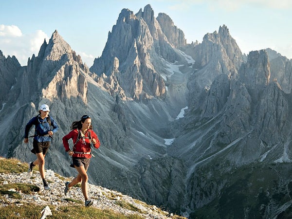 20-30 years 30-40 years Dolomiten Dolomites Dolomiti Drei Zinnen Summer Tre Cime di Lavaredo Veneto blue sky caucasian color photography dramatic landscape dramatic light endurance exercise female fitness friends front view full view getting away from it all horizontal majestic morning, evening mountain outdoor outside recreation remote running sunny day trail running two people two women unique landscape