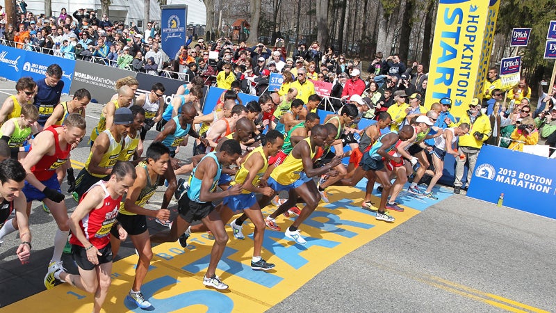 The elite men start the 117th running of the Boston Marathon on Monday, April 15, 2013. Ethiopia's Lelisa Desisa would go on to win the race in 2:10:22.