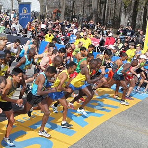The elite men start the 117th running of the Boston Marathon on Monday, April 15, 2013. Ethiopia's Lelisa Desisa would go on to win the race in 2:10:22.