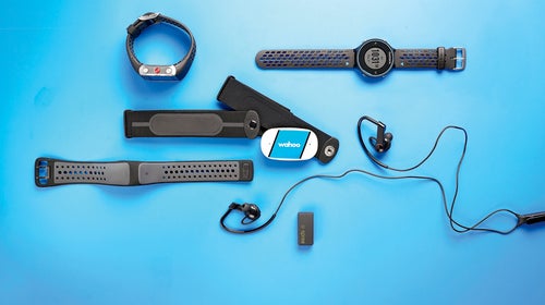 Your run just got wired. Clockwise from top left: Polar V800 watch, Garmin 620 watch, LG HRM headphones, Spree headband, Mio Link heart-rate band, and Wahoo Fitness Tickr Run chest strap.