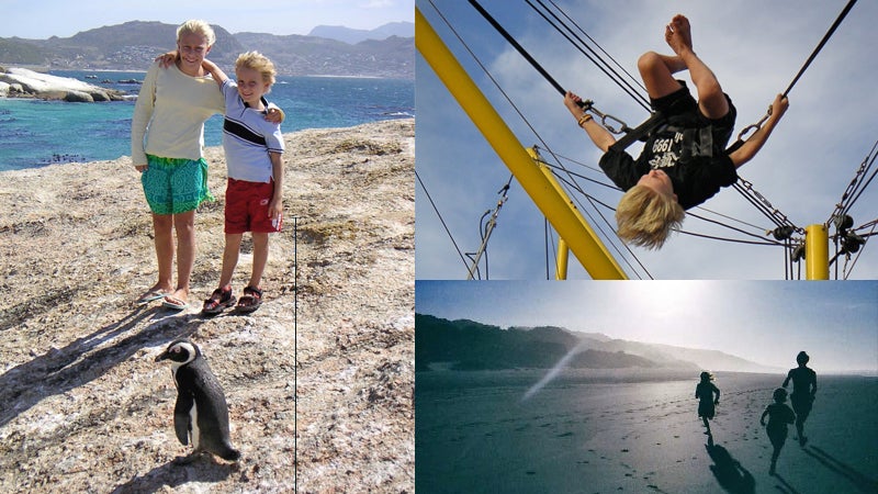 Ragsdale's children Molly and Skyler posing with a South African penguin, Skyler tests the limits of a bungee swing, children and Ragsdale's husband Peter set off down the beach.