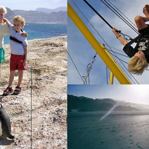 Ragsdale's children Molly and Skyler posing with a South African penguin, Skyler tests the limits of a bungee swing, children and Ragsdale's husband Peter set off down the beach.