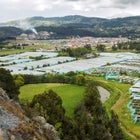 Greenhouses below the climbing wall.