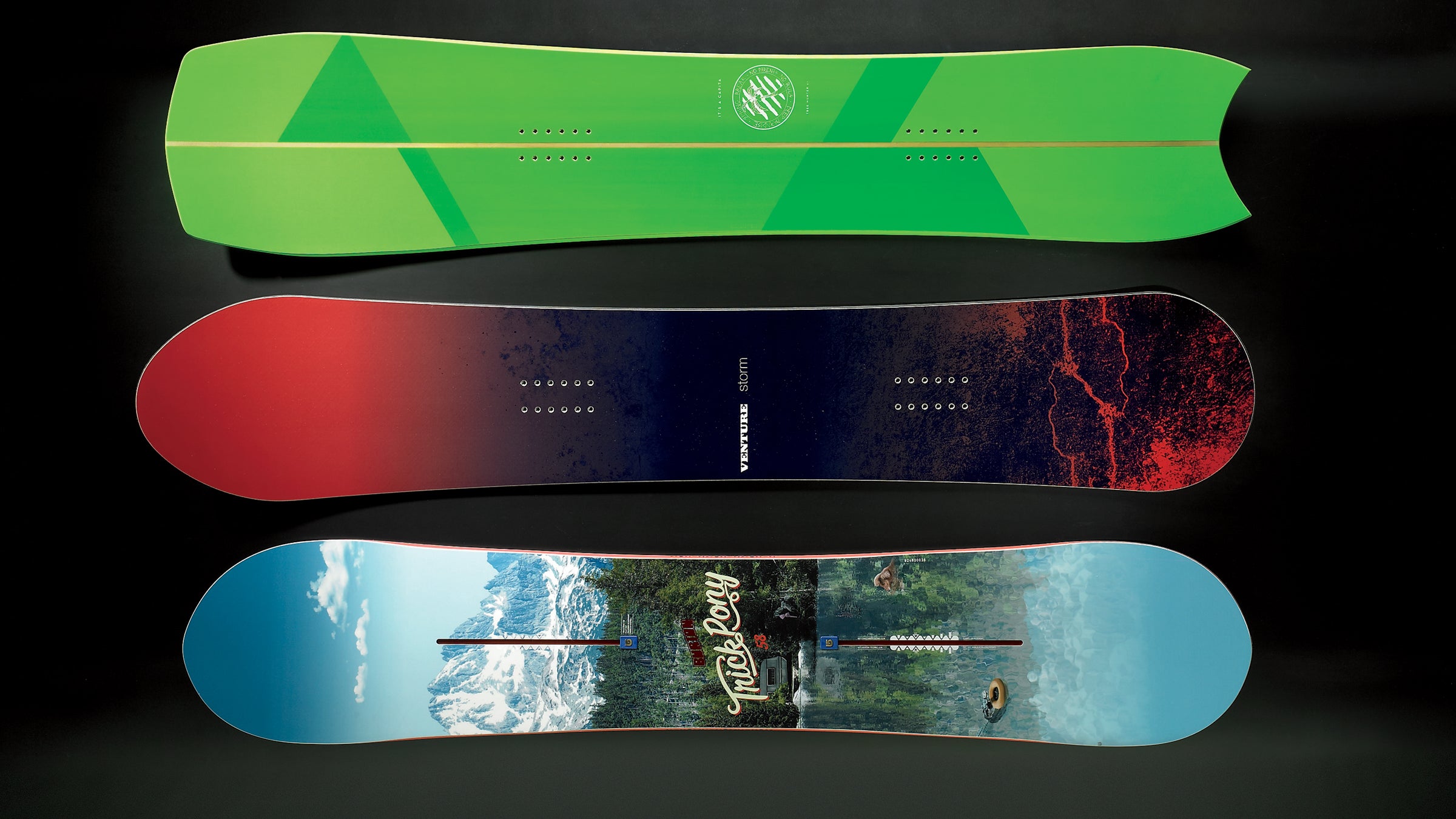 From top to bottom: Capita Spring Break, Venture Storm, and Burton Trick Pony.