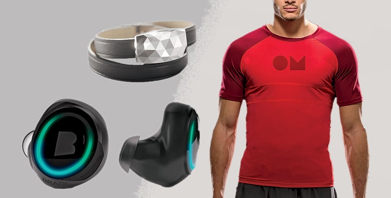 Clockwise from top left: Netatmo June Monitor; OmSignal Shirt; Bragi Dash.