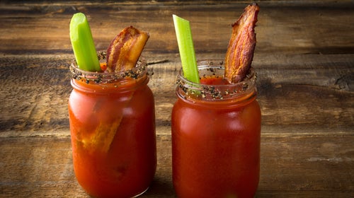 Drink Red alcohol alcoholic bacon bar beverage bloody caesar ceasar celery clamato cocktail cold colorful cool freshness glass jar juice lemon lime liquor mary mason pepper peppers refreshment salt sliced spicey tabasco tomato vegetable vodka wood