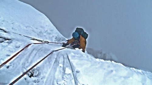 climber Number Three Gully Buttress Coire na Ciste Ben Nevis Lochaber Highland Scotland Bowline CC climbing