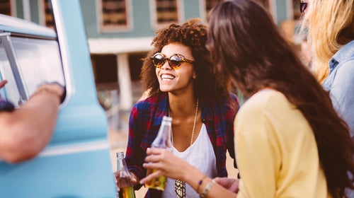 road trip multi-ethnic group friends group hipster beer african american hippie sunglasses smiling summer afro sunny camper van van happy girl trip teenager travel women party drink retro