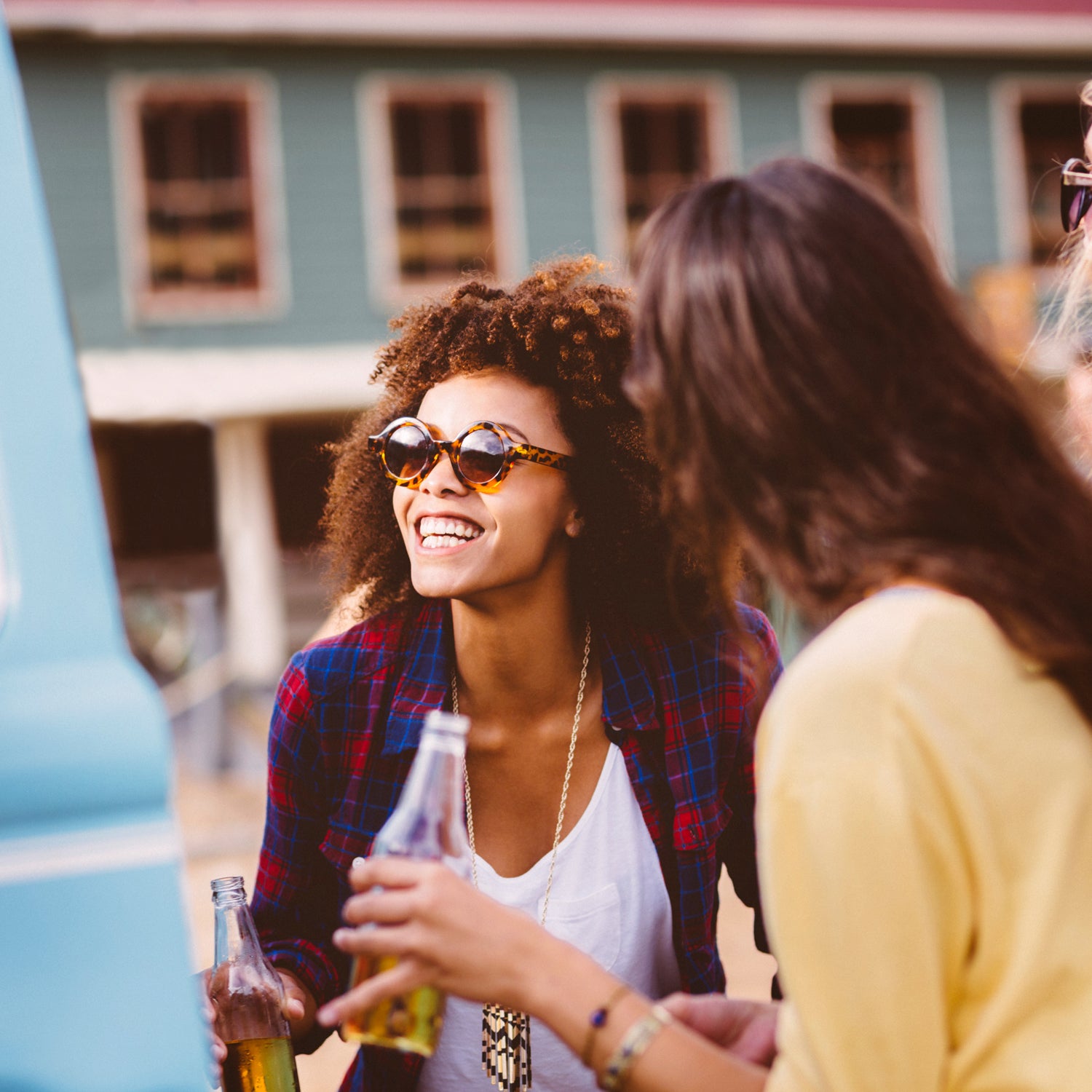 road trip multi-ethnic group friends group hipster beer african american hippie sunglasses smiling summer afro sunny camper van van happy girl trip teenager travel women party drink retro