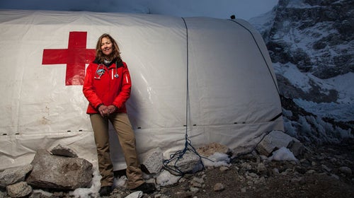 Freer in front of the Everest ER tent.