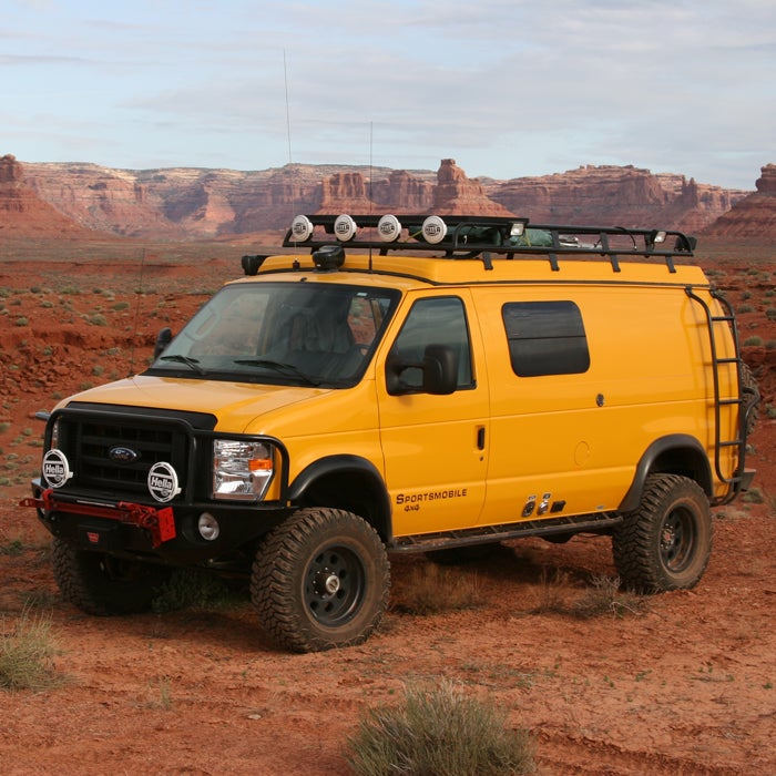 The gold standard of campers, Sportsmobile (starting at $65,000) has been turning vans—from Ford, Chevy, Mercedes, you name it—into luxury travel homes for 52 years. Trick yours out with generators, awnings, roof racks, sound systems, kitchens, bathrooms, and bedrooms—the sky’s the limit, as long as all your add-ons fit inside the van. 
According to the company, 98 percent of Sportsmobile owners use their van as an everyday vehicle. (Gas mileage ranges from 12 to 20 miles per gallon.) Want more info? There are more than 103,000 Sportsmobile forums. But you’ll only get an invite to their 4x4 rallies if you own one.