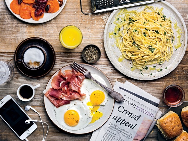 breakfast eggs arial shot with outside magazine